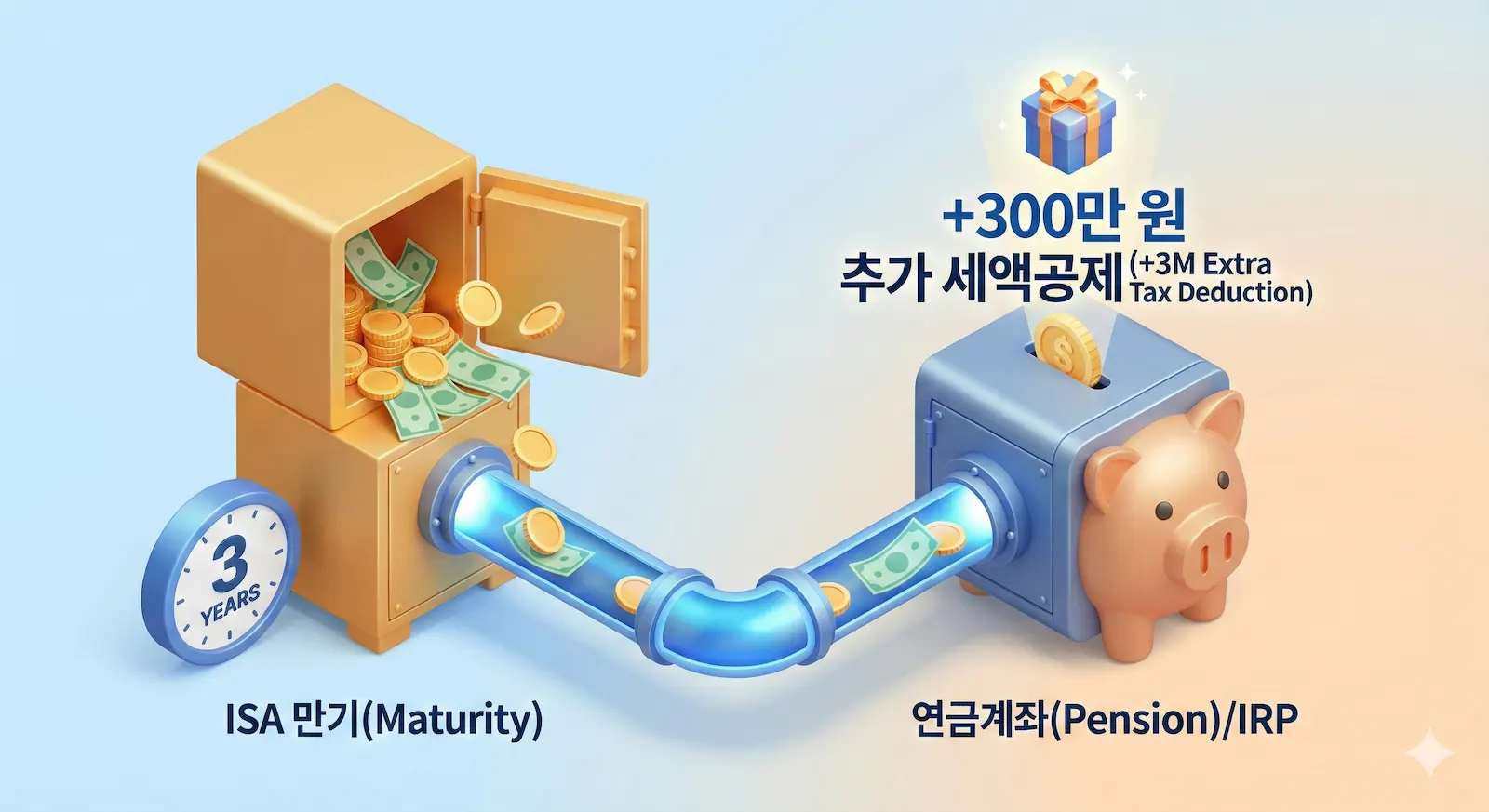 ISA 만기 해지 후 재투자로 인한 세액공제 혜택을 표현한 인포그래픽