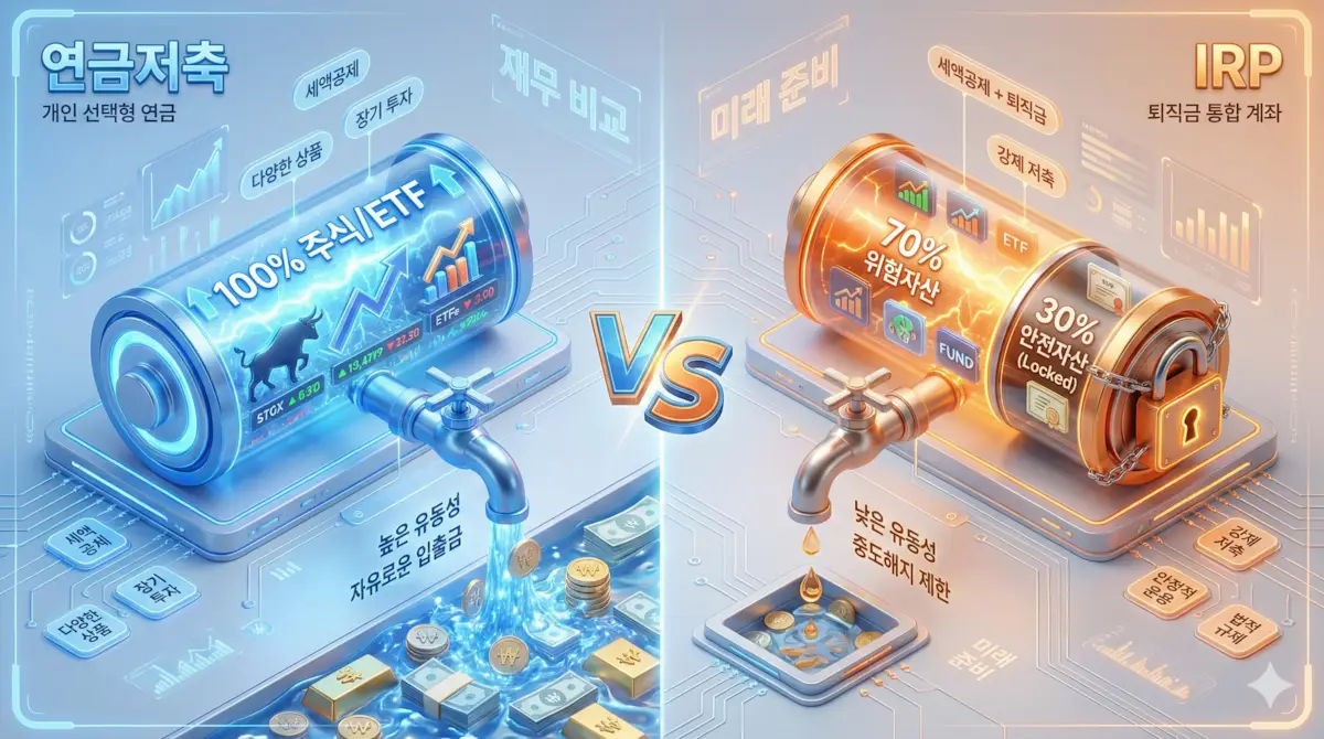 연금저축 vs IRP 위험자산 투자 한도(100% vs 70%) 및 중도 인출 유동성 차이 비교 인포그래픽