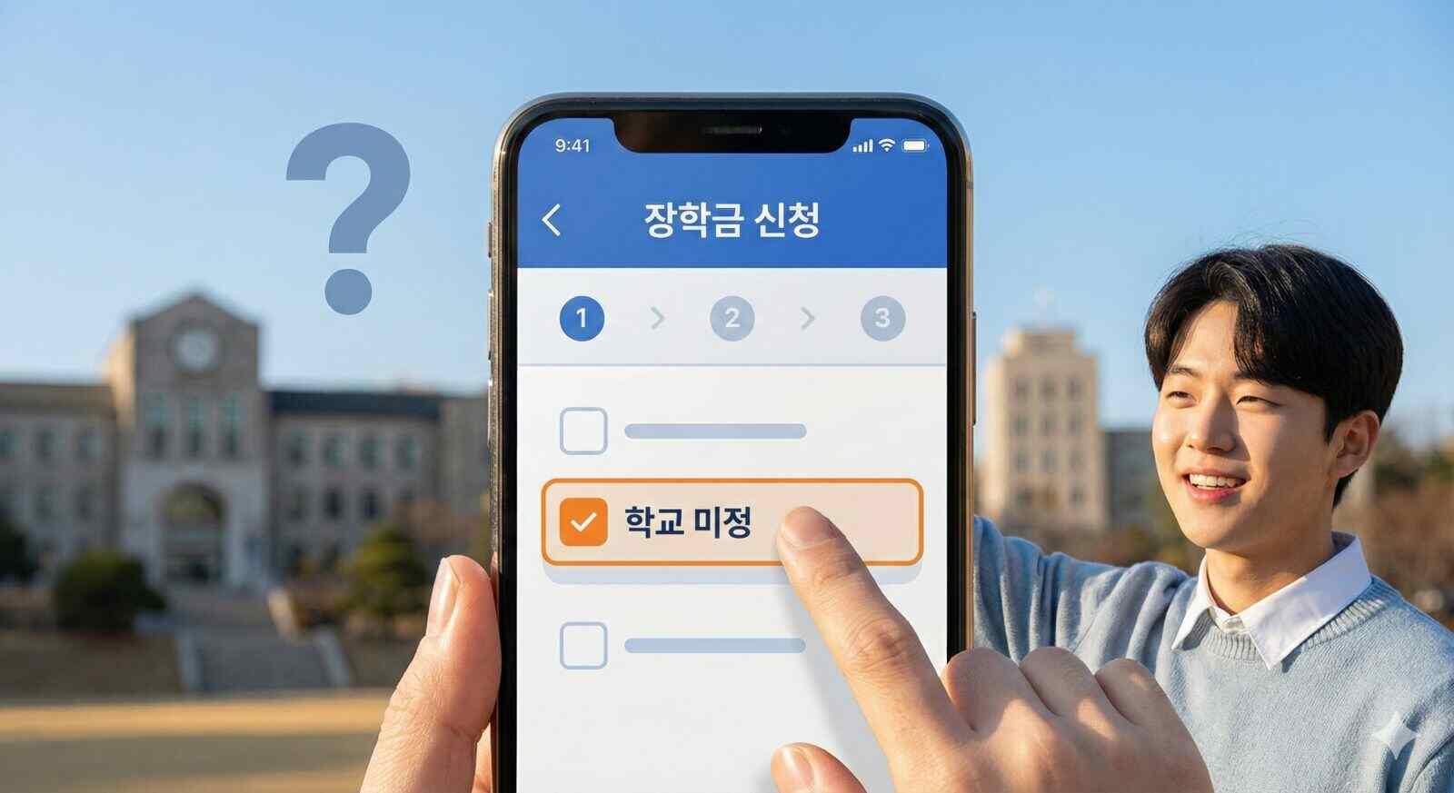 한국장학재단 모바일 앱을 통한 2026 국가장학금 신청방법 및 학교 미정 선택 화면