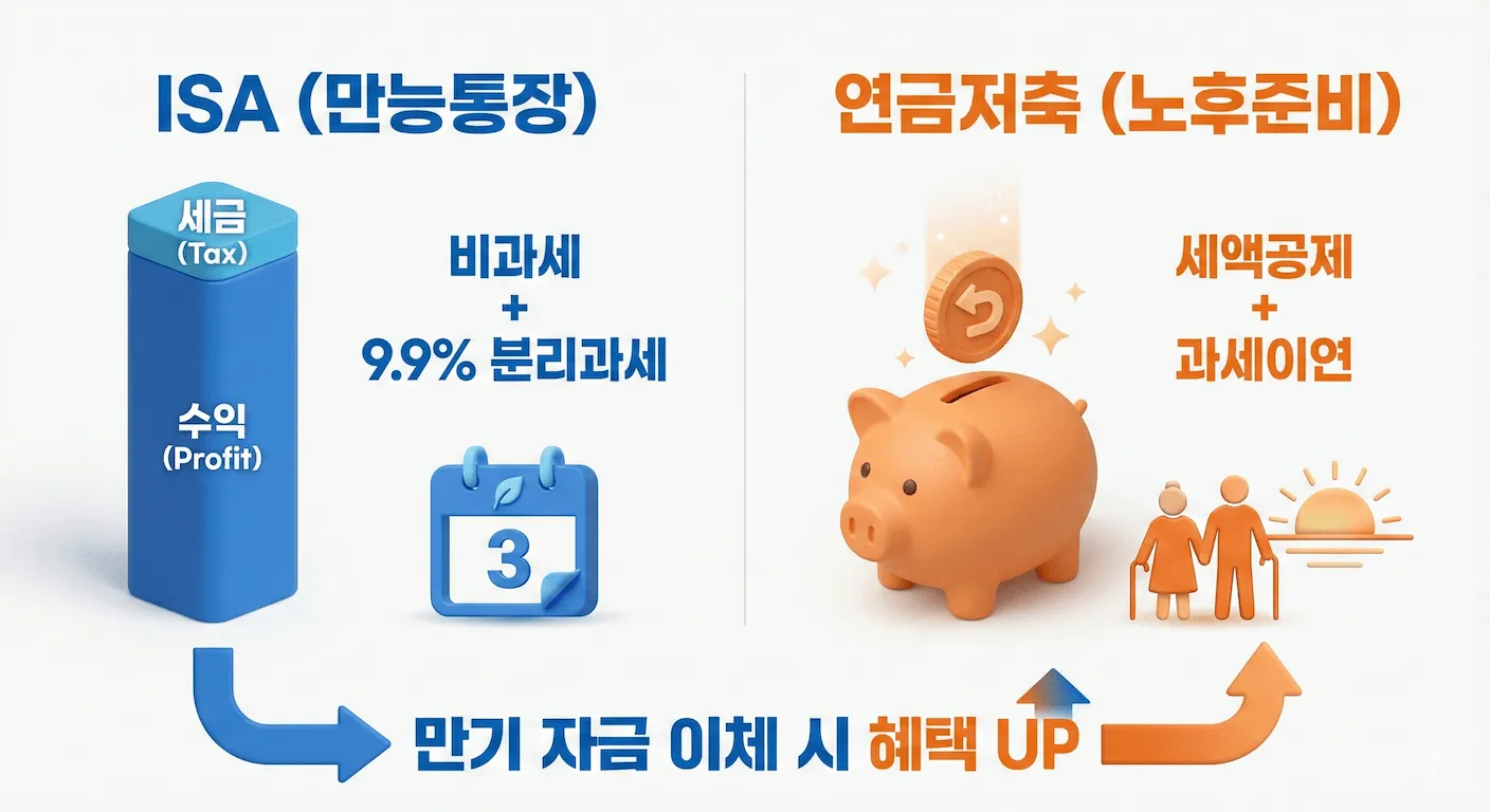 한눈에 비교: ISA vs 연금저축 특징 3d 인포그래픽