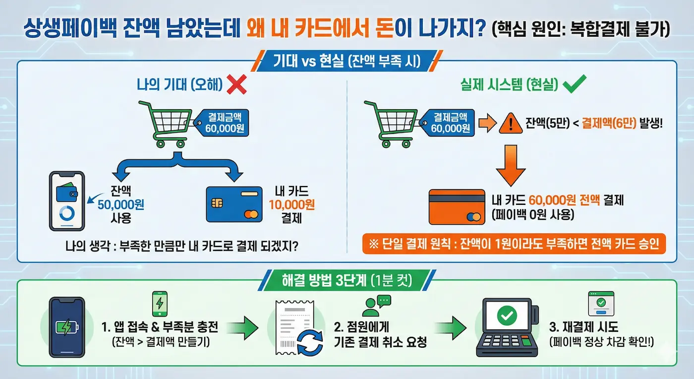 상생페이백 잔액 결제 실패 시 해결 방법 3단계 인포그래픽