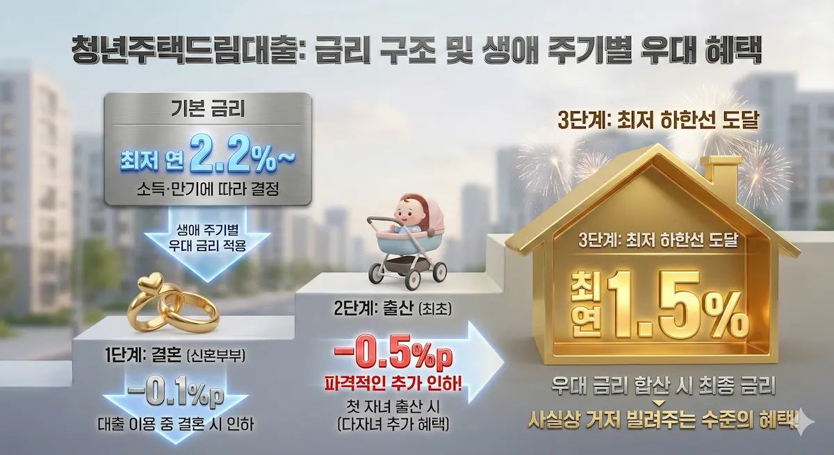 금리 구조 및 생애 주기별 우대 혜택 인포그래픽