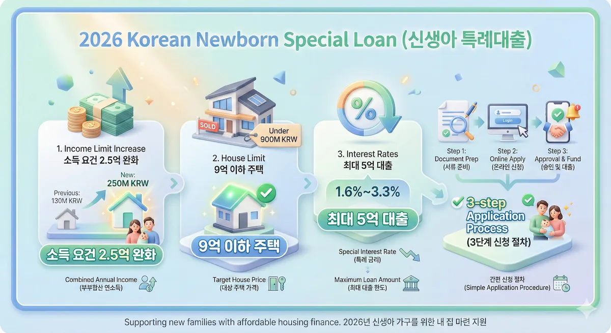 신생아 특례대출 조건 및 2026년 소득 2.5억 완화 신청 방법 인포그래픽