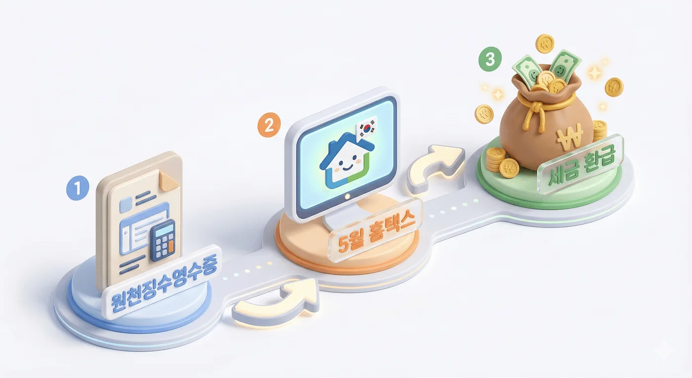 원천징수영수증 준비에서 5월 홈택스 신고를 거쳐 세금 환급까지 이어지는 3단계 과정을 보여주는 귀여운 3D 아이소메트릭 인포그래픽 로드맵