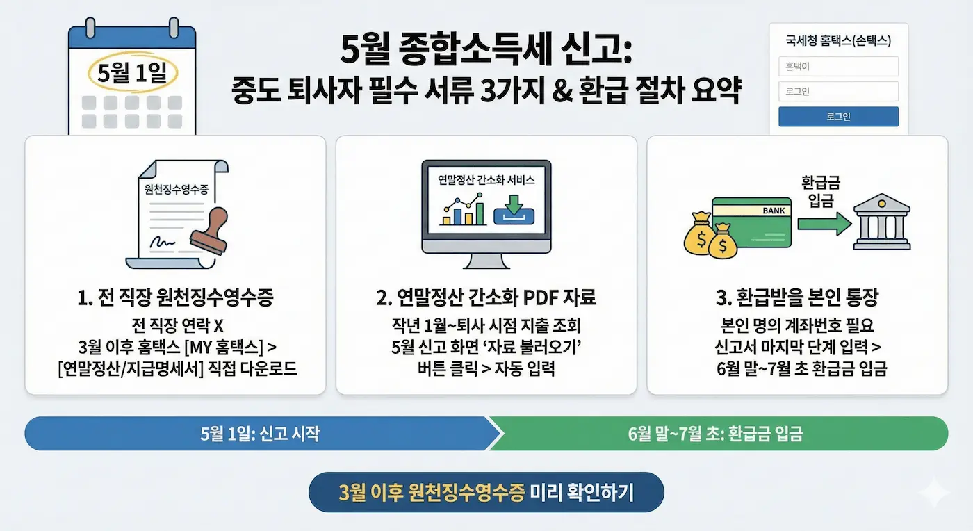 중도 퇴사자 연말정산 5월 종합소득세 신고 필수 서류 3가지 인포그래픽