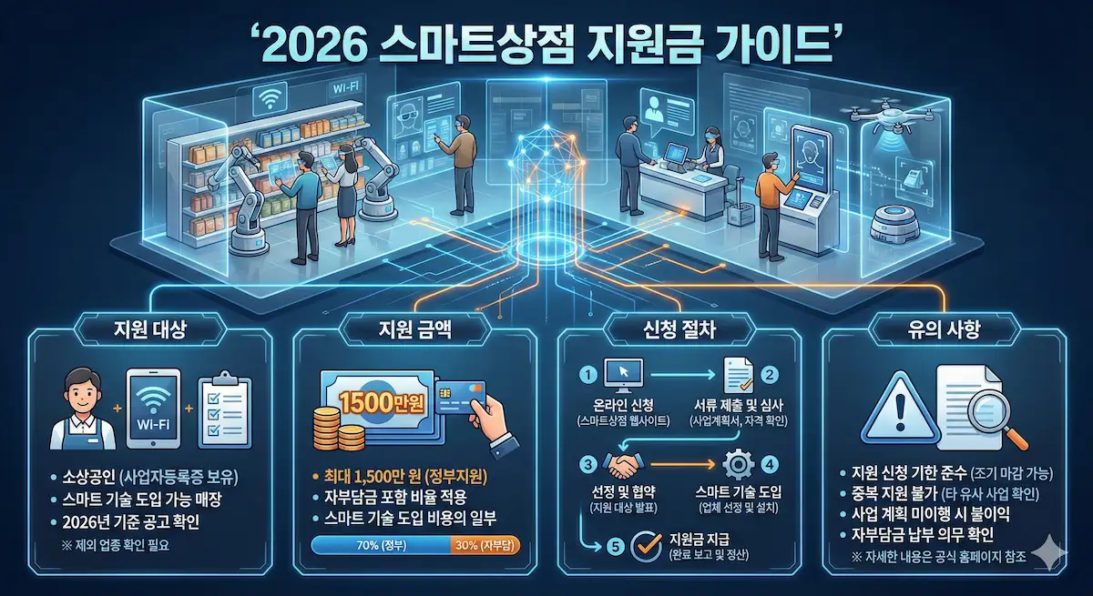  상단에는 미래형 스마트 상점의 모습을 시각화하고 하단에는 지원 대상, 최대 1,500만 원의 지원 금액, 5단계 신청 절차, 주요 유의 사항 등 핵심 정보를 4개의 섹션으로 나누어 제공한 '2026 스마트상점 지원사업 가이드' 인포그래픽
