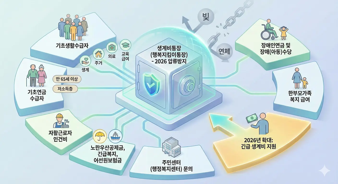 2026년 생계비통장(압류방지통장) 개설 자격 안내 인포그래픽
