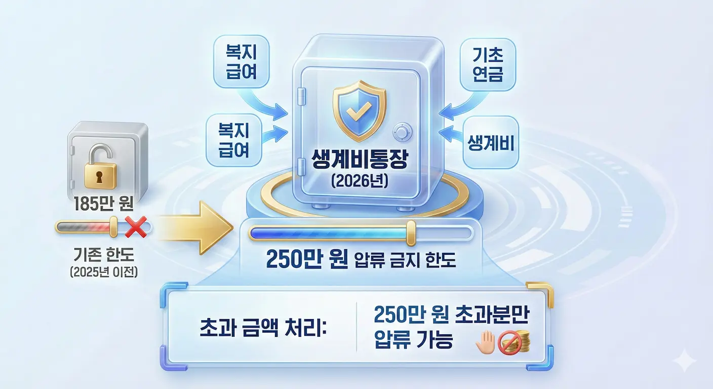 2026년 압류 금지 한도 변경사항 (월 250만 원) 안내 인포그래픽