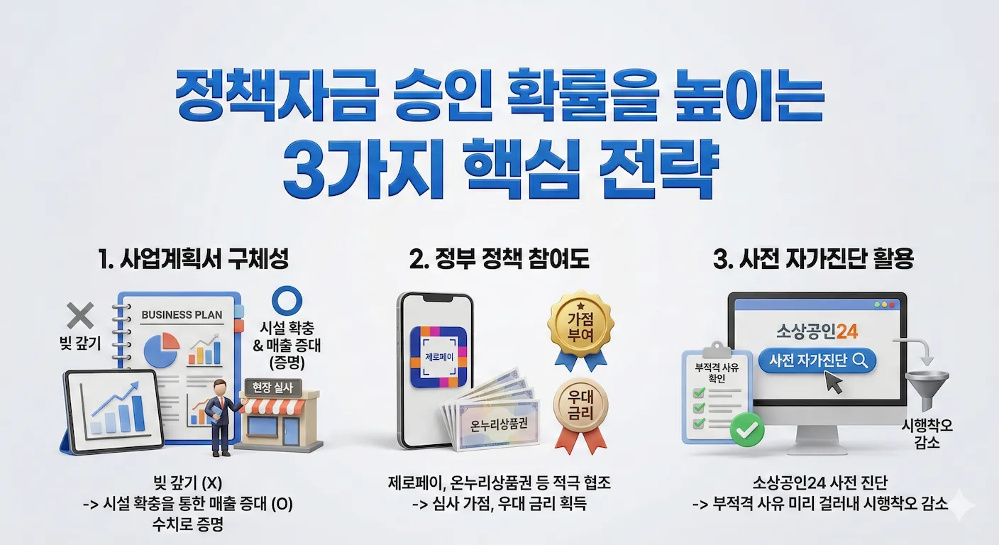 정책자금 승인 확률을 높이는 3가지 핵심전략 인포그래픽