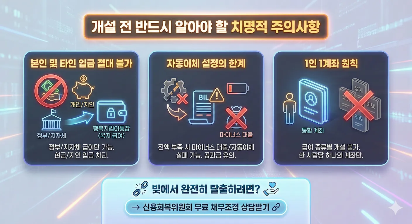 생계비통장 개설 전 반드시 알아야 할 치명적 주의사항 안내 인포그래픽