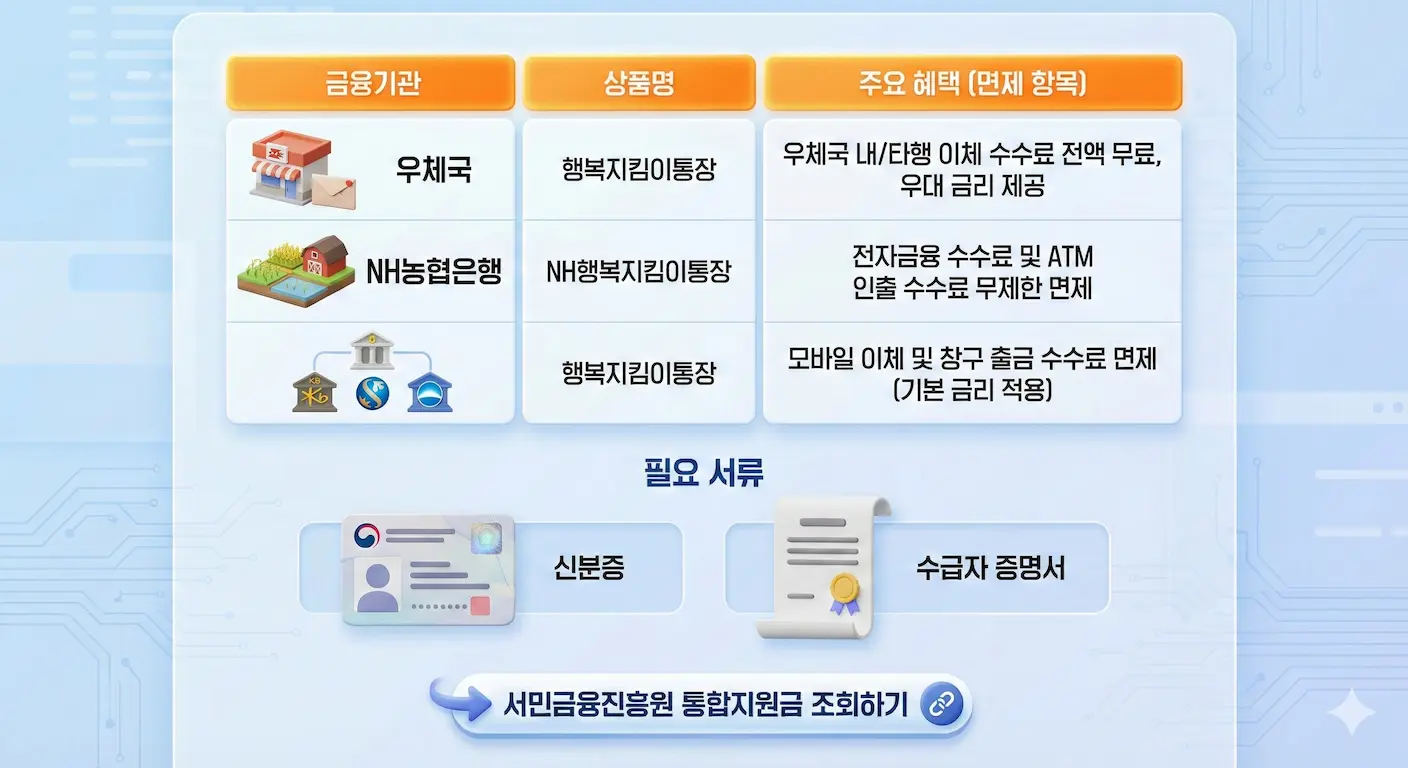은행별 행복지킴이통장(생계비통장) 혜택 비교 및 필요 서류 안내 인포그래픽 이미지