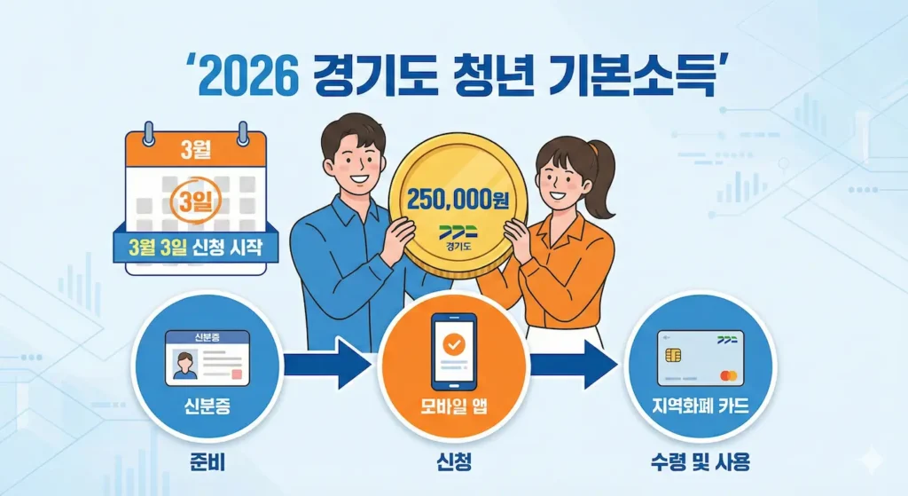 2026년 경기도 청년기본소득 안내 인포그래픽. 3월 3일 신청 시작을 알리는 달력 아이콘과 함께 미소 짓는 남녀 청년이 250,000원이 적힌 대형 동전을 들고 있다. 하단에는 신분증 준비, 모바일 앱 신청, 지역화폐 카드 수령 및 사용으로 이어지는 3단계 신청 프로세스가 아이콘으로 표현되어 있다
