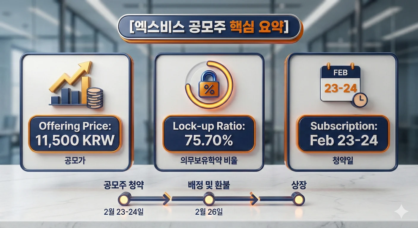 엑스비스의 공모가와 의무보유확약비율, 청약일에 대한 정보가 담겨져 있는 3d 인포그래픽