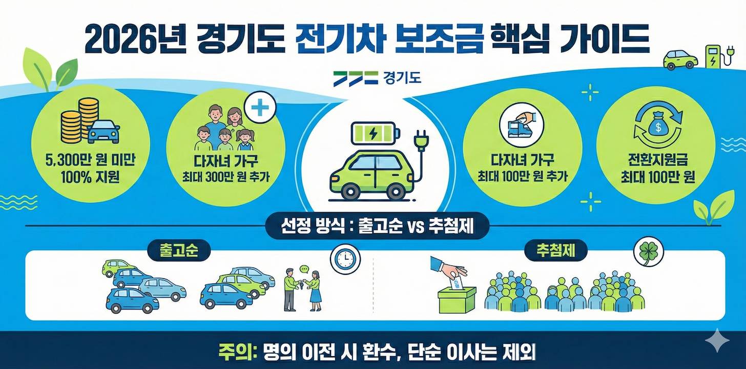 2026년 경기도 전기차 보조금 핵심 가이드 세로형 인포그래픽. 5,300만 원 미만 차량 100% 지원, 다자녀 가구 최대 300만 원 추가 혜택, 노후 내연차 전환지원금 최대 100만 원 정보 포함. 지자체별 출고순 및 추첨제 선정 방식 비교와 명의 이전 시 보조금 환수 규정 안내 문구가 포함된 밝은 파란색과 연두색 톤의 플랫 디자인 이미지