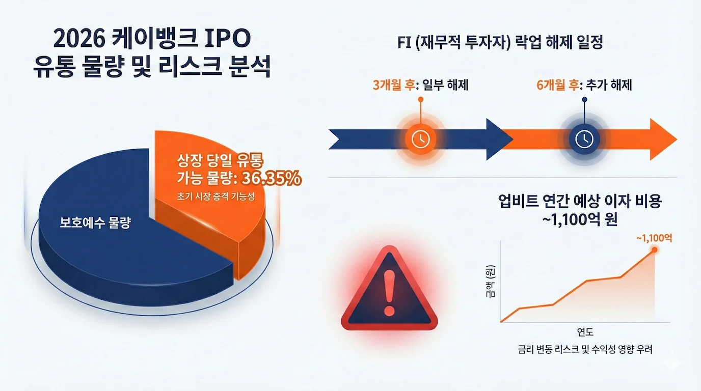 2026년 케이뱅크 IPO 유통물량 및 핵심 리스크 분석 인포그래픽. 좌측에는 상장 첫날 유통물량 36.35%를 강조한 원형 차트가, 우측 상단에는 재무적 투자자(FI)의 3개월 및 6개월 단계별 보호예수 해제를 알리는 타임라인이, 우측 하단에는 업비트 연간 추정 이자 비용이 약 1,100억 원에 달함을 알리는 경고 아이콘과 상승 차트가 깔끔하고 직관적으로 정리되어 있습니다.