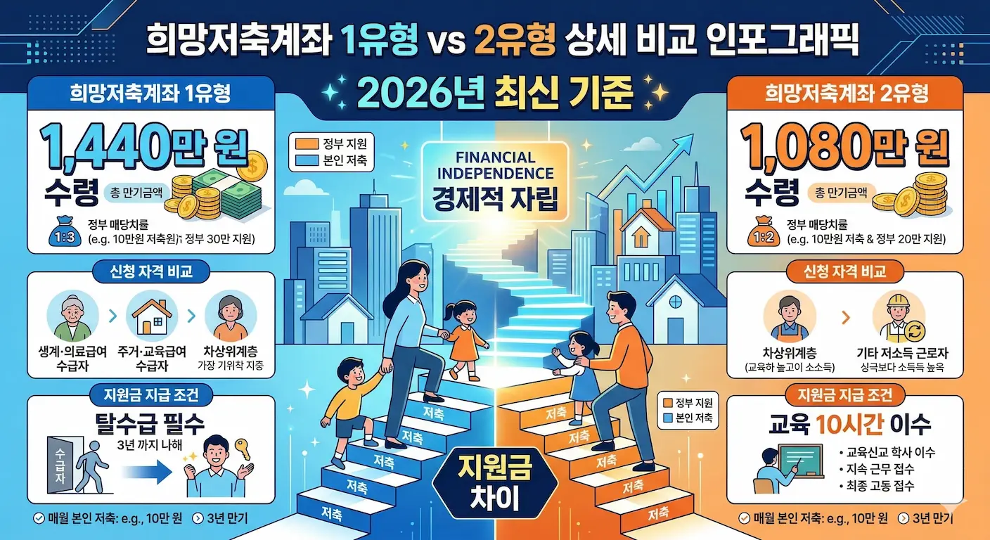 희망저축계좌 1유형 vs 2유형 상세 비교 인포그래픽 이미지