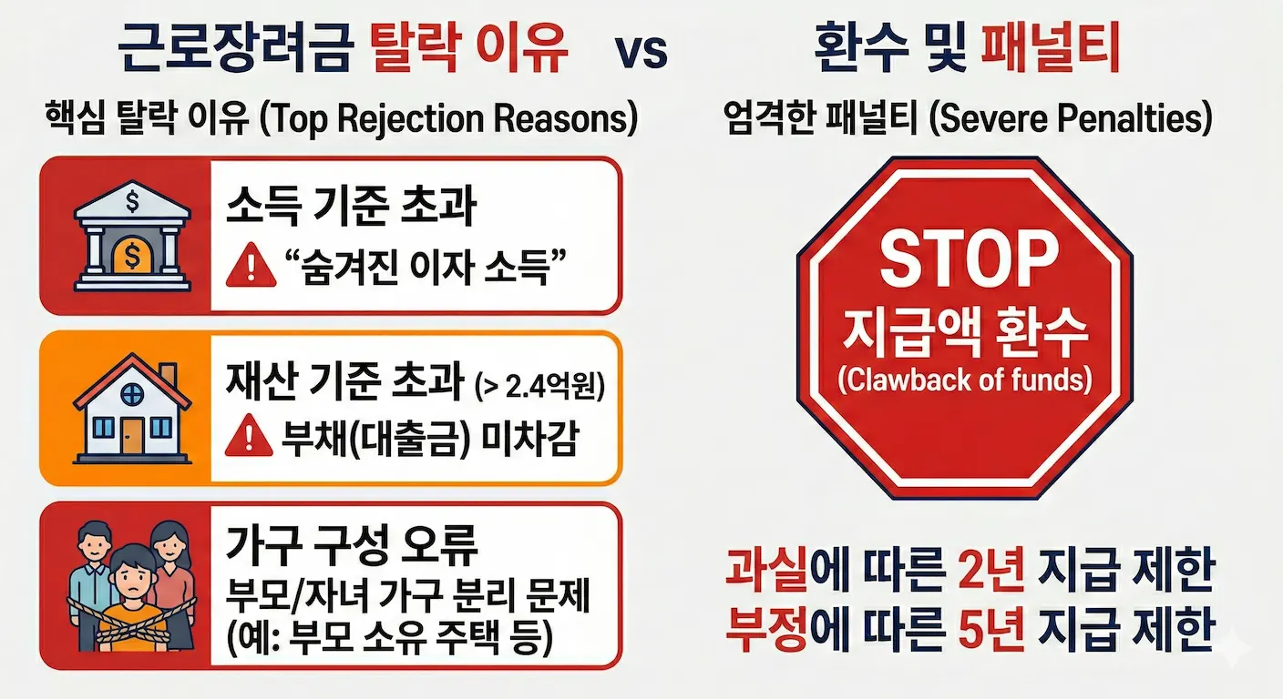 근로장려금 탈락 이유 및 환수, 패널티 조건 안내 인포그래픽