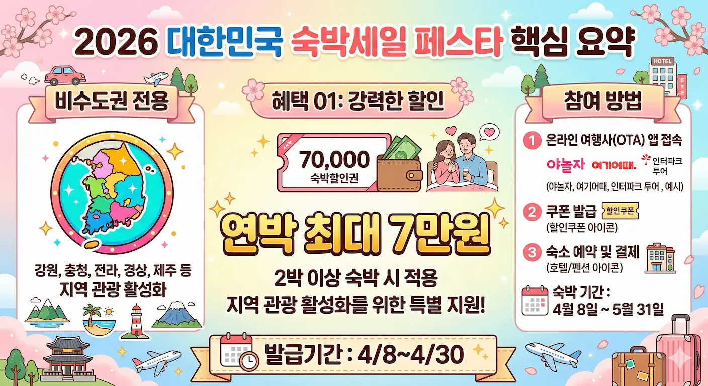 "2026 대한민국 숙박세일 페스타 핵심 요약"이라는 제목의 인포그래픽