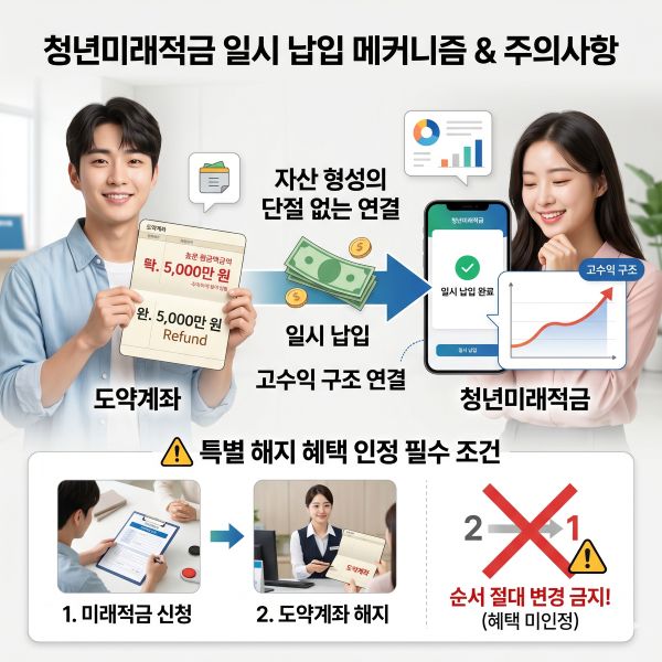 청년미래적금 일시 납입 메커니즘과 주의 사항 안내 인포그래픽