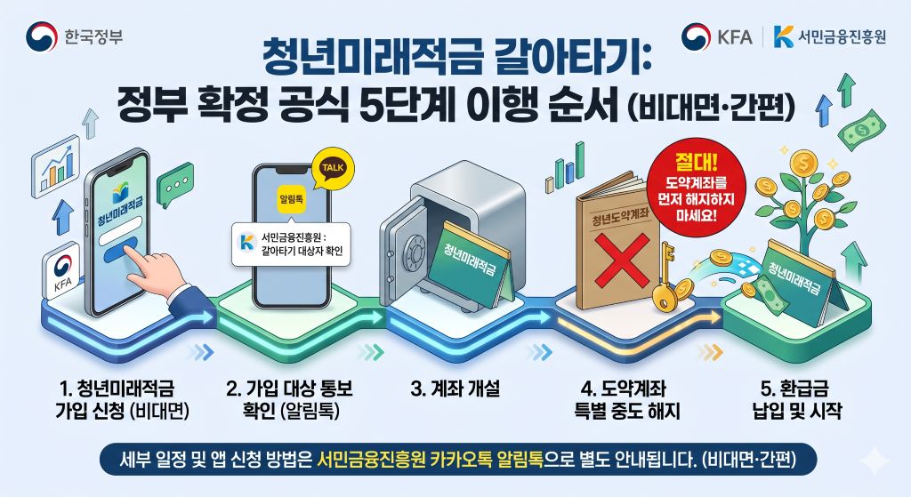 청년미래적금 갈아타기 5단계 이행순서 인포그래픽 이미지